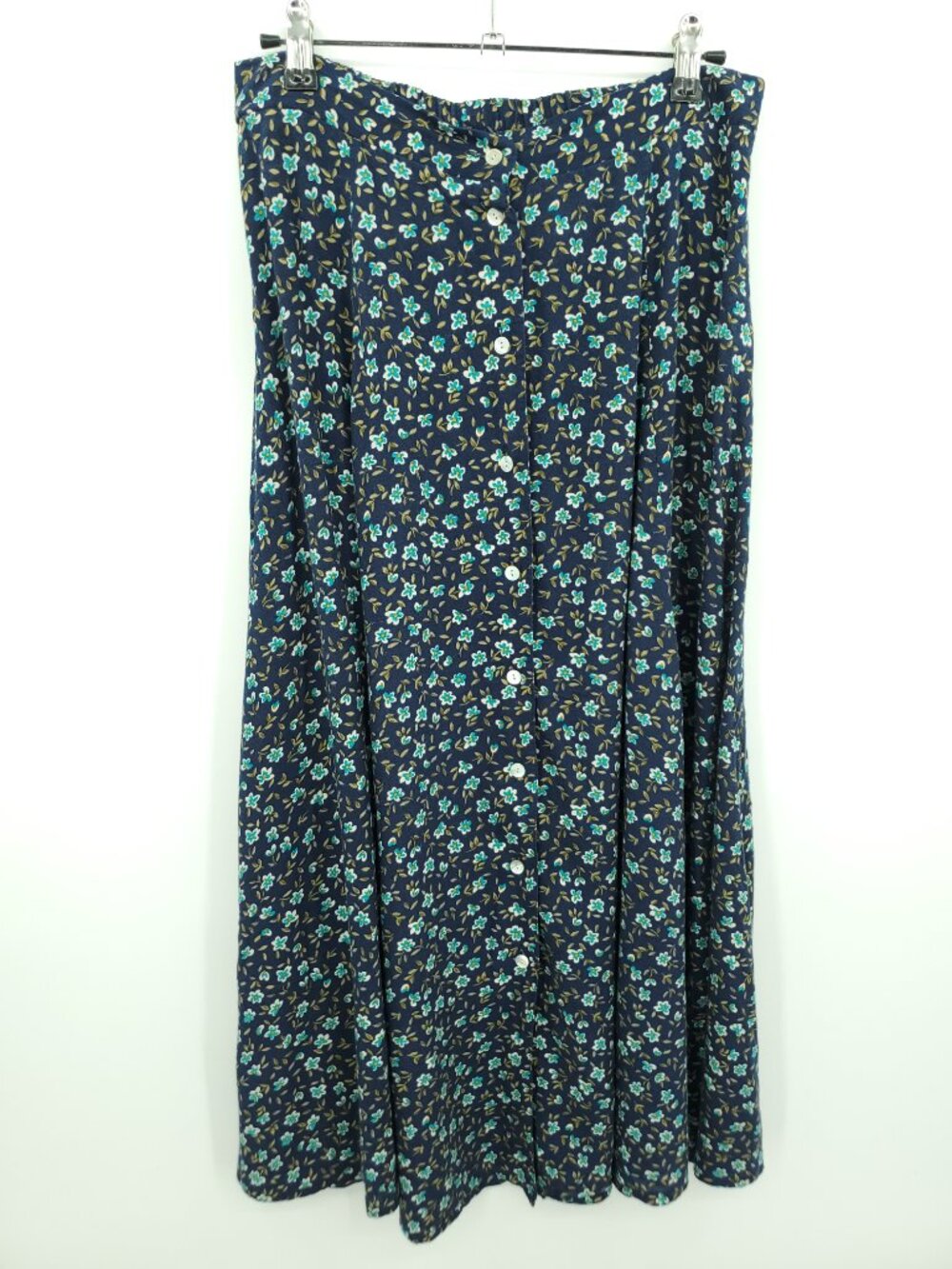 Vintage 90s Kathie Lee Navy Blue Floral Button Front Midi Skirt 12
